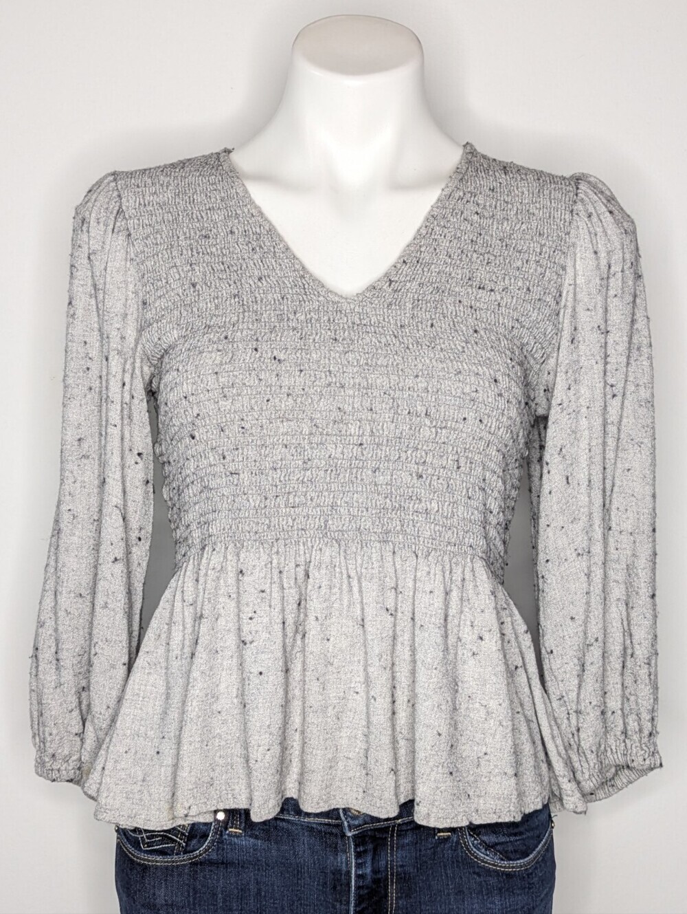 Madewell Speckled Grey Long Sleeve V Neck Smocked Peplum Sweater S